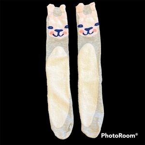 GRAY pink and white bunny knee socks, medium thickness